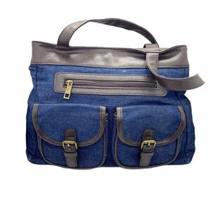 Gold Coast Denim Purse Bag Faux Leather Retro Vibes Double Strap Blue Brown